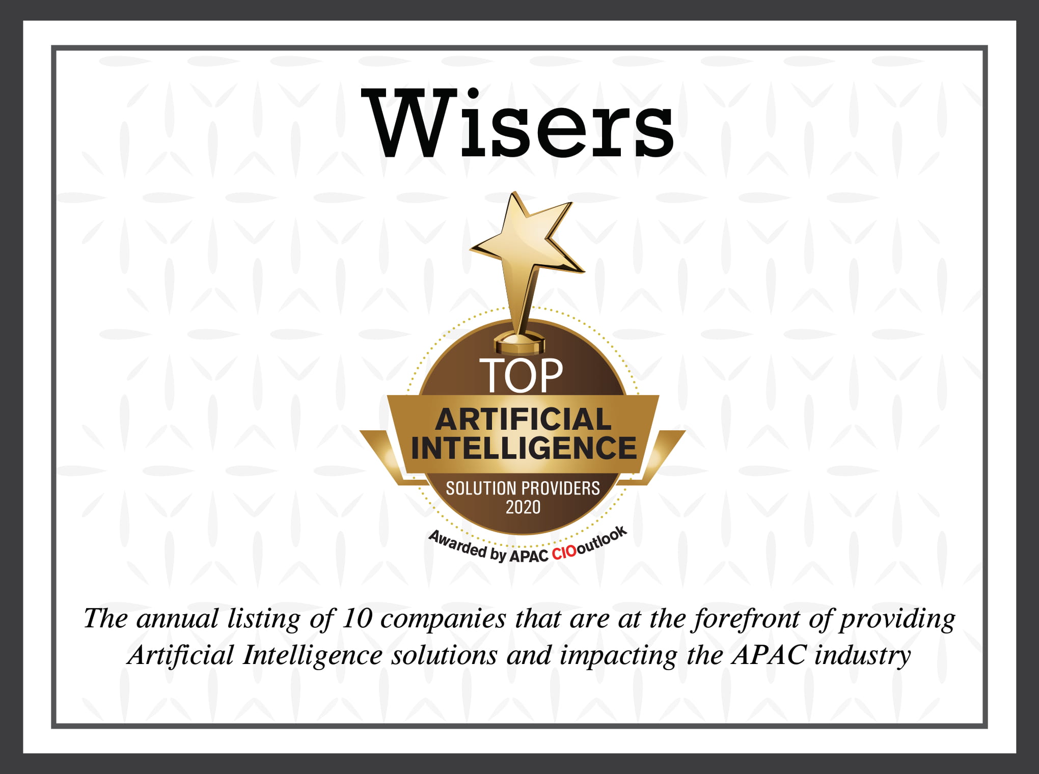 慧科訊業榮獲APAC CIO Outlook TOP10 人工智能解决方案供應商 慧科訊業榮獲APAC CIO Outlook TOP10 人工智能解决方案供應獎項